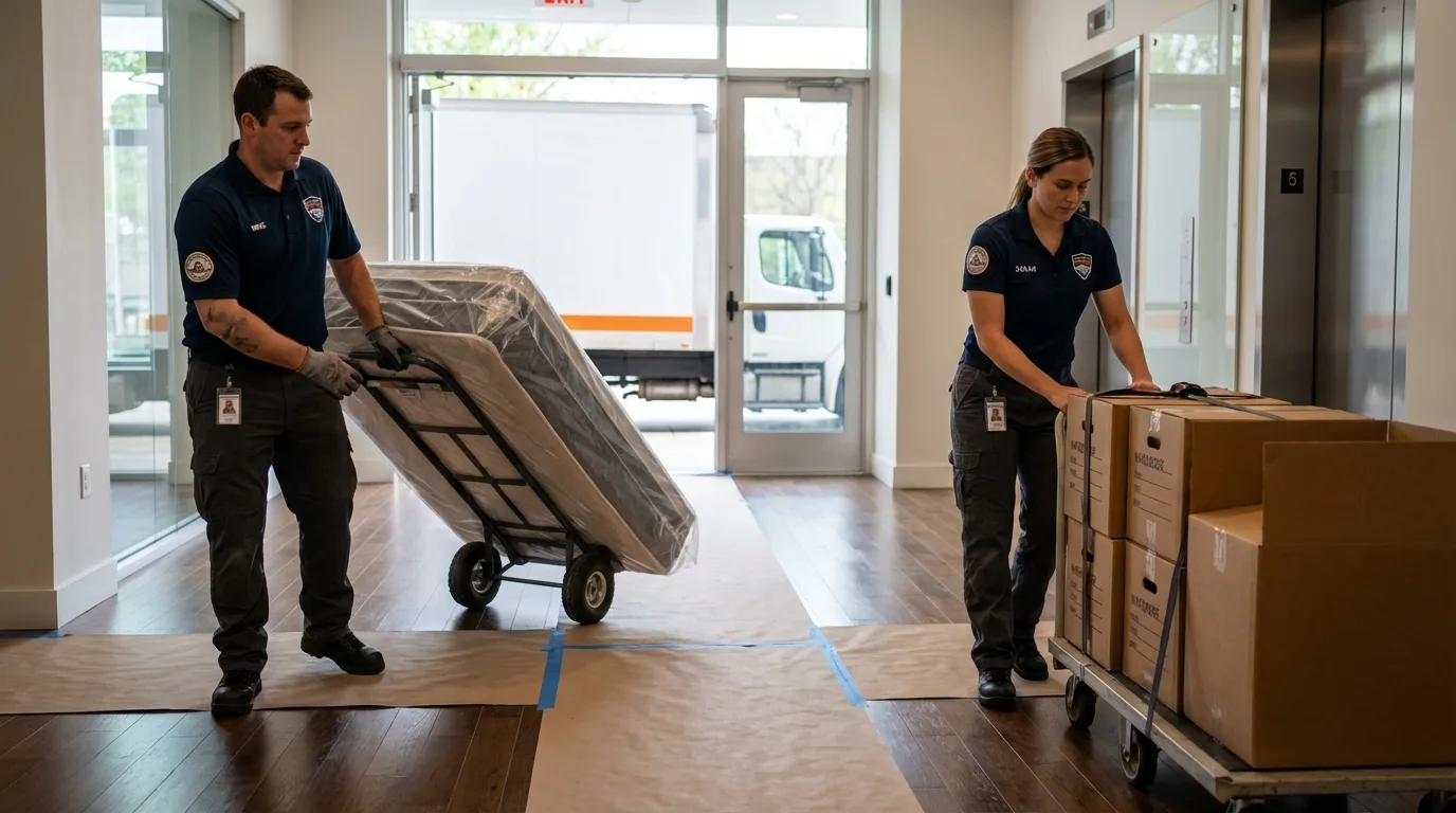 Professional apartment movers loading elevator in Beardstown, IL